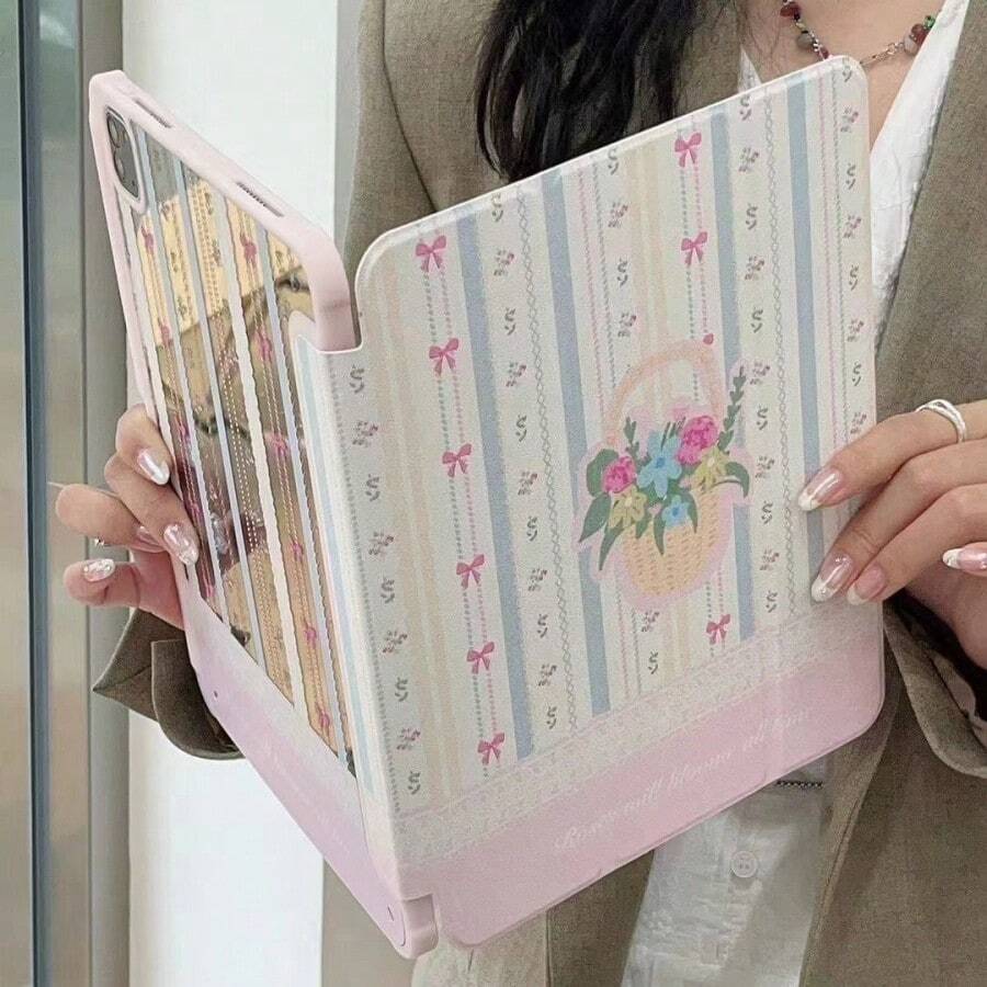 1pc Pink Mirror Finish Lace Butterfly & Flower Pattern Tablet Case Compatible With IPad 10.9/10.2/Air4/5/Pro11/10th/10.5 - Pink - View 1