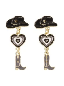 PHCOO Thời trang hợp kim giọt dầu mũ cao bồi miền Tây trái tim bốt cao bồi mặt dây chuyền bông tai dài Valentine, mẹ, mẹ, ngày của mẹ, quà tặng - Bông tai phong cách denim - Xem 6