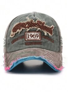 1pc Retro Letter Embroidered Ripped Baseball Cap Y2K Style Street - Pink - View 5