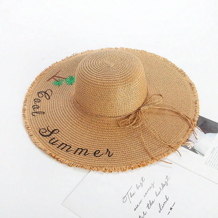 波西米亞草帽，夏季沙灘度假女士遮陽帽帶蝴蝶結 - 卡其色刺繡椰子樹度假沙灘草帽 - 查看 1