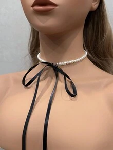 1pc Black Rope Bow-Tie Lace Sweet Cool Heart Necklace - White - View 2