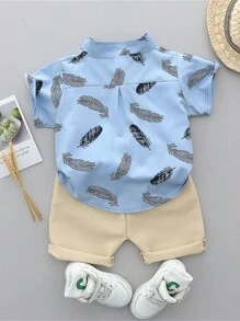 男婴夏季全身印花羽毛衬衫和短裤套装 - 藍色 - 查看 2