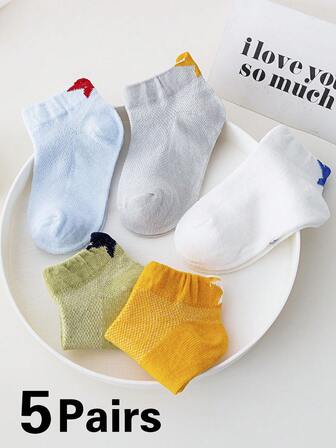 [5 pares] Calcetines infantiles, talón de dibujo animado, calcetines de corte bajo de pentagrama para niños y niñas, bebés y niños (1-3 años) y niños (3-11 años), calcetines deportivos elásticos para verano (estilo de malla transpirable)