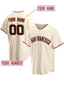 定制姓名和号码男友风格男士刺绣棒球球衣旧金山米色 V 领个性化短袖纽扣衬衫派对游戏训练运动上衣 S-Xxl - 米色 - 查看 1