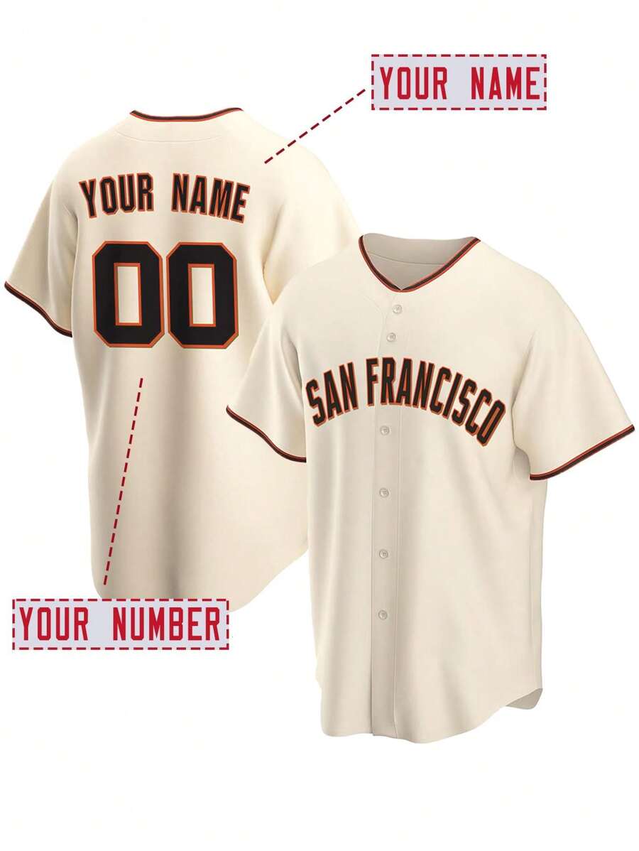 定制姓名和号码男友风格男士刺绣棒球球衣旧金山米色 V 领个性化短袖纽扣衬衫派对游戏训练运动上衣 S-Xxl - 米色 - 查看 1