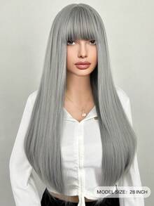 28 "Bộ tóc giả dài thẳng màu xám có tóc mái màu xám nhạt Bộ tóc giả cosplay tổng hợp dành cho nữ, hoàn hảo cho các bữa tiệc hàng ngày - Xám - Xem 4
