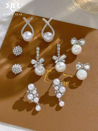 5 par franska söta och eleganta personliga mode vintage lyxiga korsade fuskpärlor rosett delikata örhängen set alla hjärtans dag