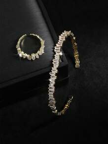 rakol 2 pezzi Set di anello e braccialetto con decorazione asimmetrica in zirconia cubica alla moda - Oro giallo - Visualizzare 3