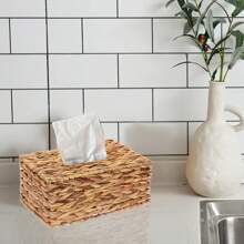 1pc Water Hyacinth Paper Towel Box, Square And Rectangle Woven Paper Towel Box, Simple Buckle Paper Towel Box, Suitable For Bathroom, Living Room, Bedroom, Vanity, Home Decor, Bathroom Accessories, Home Goods, Table, Home Organization And Storage - Ginger - View 10