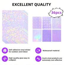 36 Hojas de papel adhesivo holográfico, lámina autoadhesiva de vinilo transparente, papel adhesivo laminado transparente impermeable de superposición - Multicolor - Ver 3