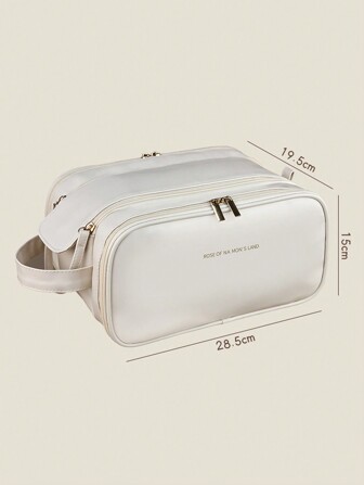 Bolsa de maquillaje multifuncional impermeable de PU color crema de doble capa con gran capacidad, portátil y de viaje, con compartimentos, asa y divisores para almacenamiento de cosméticos, artículos de tocador, útiles escolares y artículos esenciales de viaje y vacaciones para mujer u hombre.