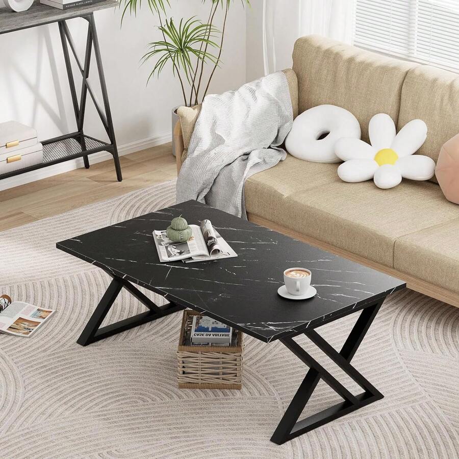 Coffee Table Living Room Table Black Center Table Modern Faux Marble Rectangular Tea Table With Sturdy Black-Finished Metal Frame,Industrial Wooden Coffee Table For Bedroom Home Office - 黑色 - 查看 1