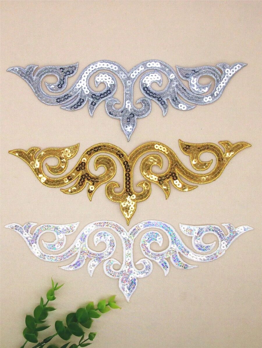 2入組閃光亮片刺繡帶背膠裝飾，熱熔膠衣物/派對裙/包/帽配件 - 白色 - 查看 1