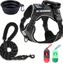 5pcs Set Service Dog Vest, No Pull Dog Chest Harness And Leash Set, With 2 Poop Bag Holder And 1 Collapsible Dog Bowl Adjustable Oxford Reflective Dog Vest Strap Handle,  For Outdoor Walking Training, Easy Control For Small, Medium And Large Dogs - Black - View 1