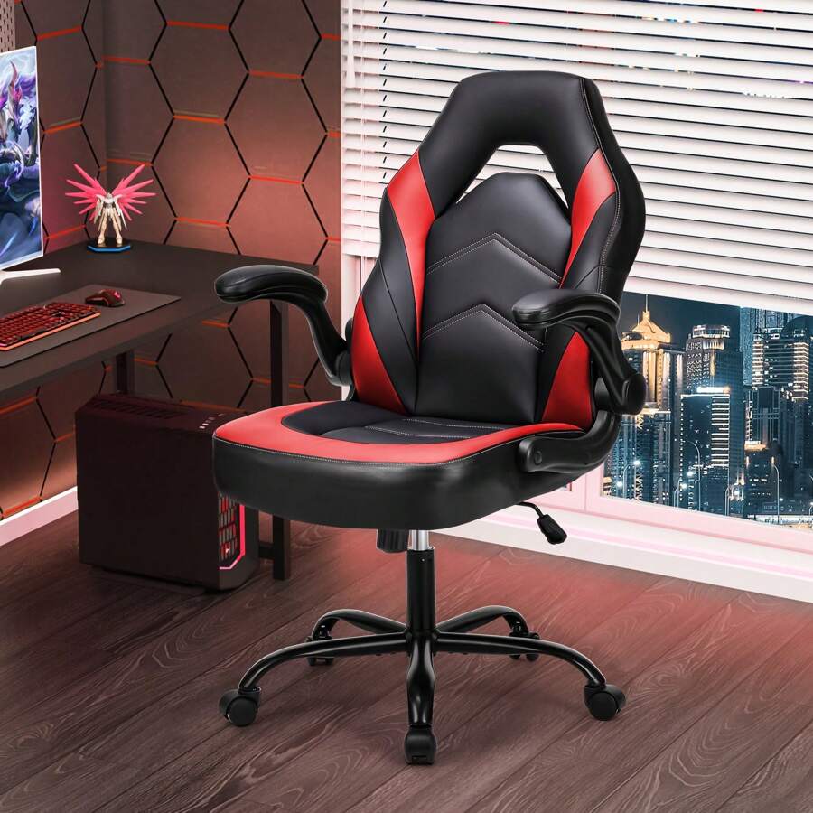 Sweetcrispy Big And Tall Office Desk Leather Gaming Computer Chair With Adjustable Swivel Task And Flip-Up Arms For Adults - 紅色 - 查看 1