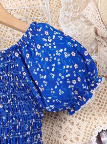 夏季短袖花卉印花年輕女孩休閒橄欖綠中長裙 - 藍色 - 查看 4