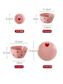 1 Set Pink Heart-Shaped Ceramic Dinnerware Set, Highly Attractive Ins Household Tableware, Including 3.3-Inch Dish, 4.5-Inch Bowl, Heart-Shaped Spoon, Handled Cup, 6-Inch Noodle Bowl, 7.8-Inch Plate, Chopsticks; Ideal Housewarming Gift With Creativity And Aesthetic Appearance School Supplies,Christmas Gift