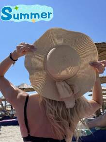 1 peça Chapéu de Sol Feminino de Cor Aleatória, com Aba Ondulada e Fita, Perfeito para Praia, Viagem ou Férias Estilo Bohemio