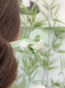 波西米亞風格1入綠色中式蘭花發夾，漢服髮簪女士日常佩戴花冠 - 綠色 - 查看 4