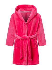 Young Girl Hooded Flannel Bathrobe With Belt, Long Sleeve, Pocket, Soft And Comfortable, Rose Red, Suitable For Wearing After Bath, Autumn And Winter Sleepwear - Hot Pink - View 1