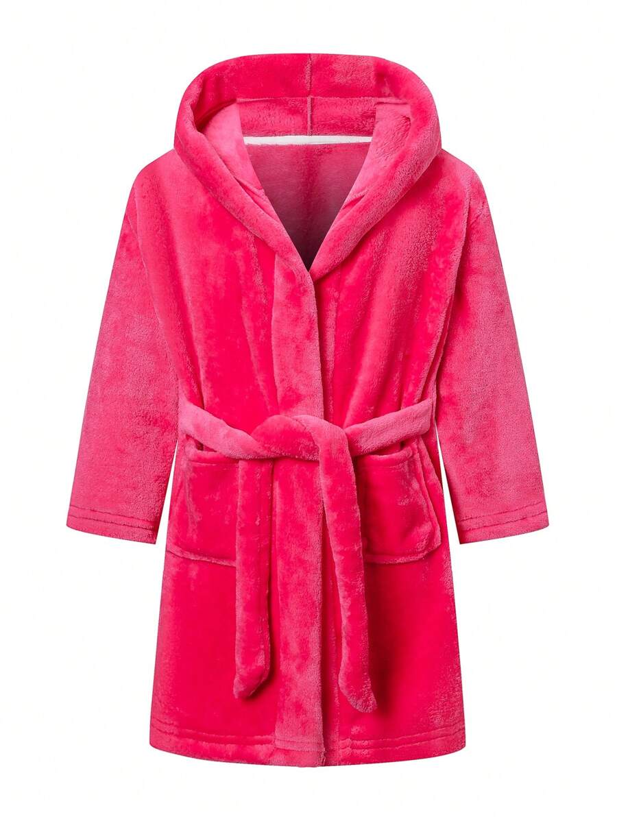 Young Girl Hooded Flannel Bathrobe With Belt, Long Sleeve, Pocket, Soft And Comfortable, Rose Red, Suitable For Wearing After Bath, Autumn And Winter Sleepwear - Hot Pink - View 1