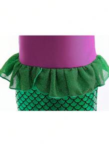 Young Girl Classic Mermaid Princess Cap Sleeve Party Performance Dress, Sequin Fish Tail, Party Evening Gown - Green - View 4