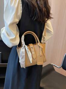 1pc Fashionable And Simple PU Shoulder/Crossbody/Handbag With Buckle And Scarf, For Daily Use - Khaki - View 2