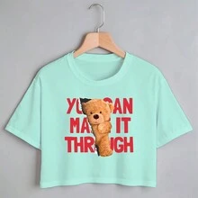Blusa Blusinha Camiseta Cropeed TShirt Feminina 100% Algodão Tecido Premium Estampa Digital Urso Vintage Tumblr - Verde Menta - Visão 1