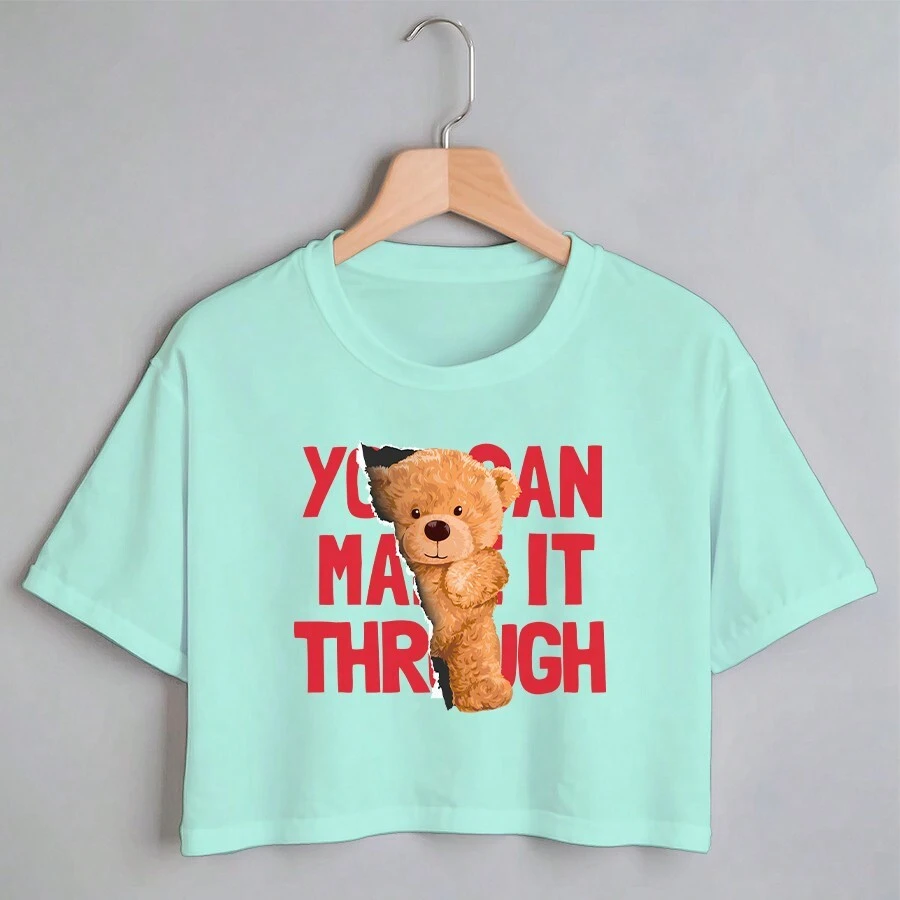 Blusa Blusinha Camiseta Cropeed TShirt Feminina 100% Algodão Tecido Premium Estampa Digital Urso Vintage Tumblr - Verde Menta - Visão 1