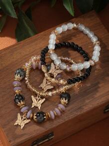 4入組多層蝴蝶吊墜寶石珠子手鍊 - 黑色 - 查看 2