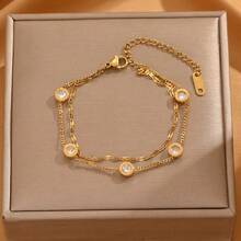 1 Vòng tay nữ hai lớp phong cách Hàn Quốc - Hình tròn hình học có đính hạt Zirconia, thép không gỉ, phụ kiện cho mọi dịp - Vàng - Xem 2