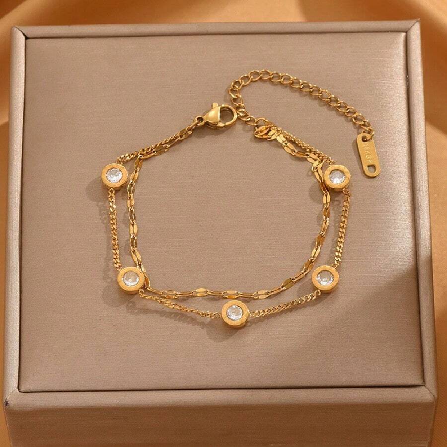 1 Vòng tay nữ hai lớp phong cách Hàn Quốc - Hình tròn hình học có đính hạt Zirconia, thép không gỉ, phụ kiện cho mọi dịp