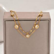 1 Vòng tay nữ hai lớp phong cách Hàn Quốc - Hình tròn hình học có đính hạt Zirconia, thép không gỉ, phụ kiện cho mọi dịp - Vàng - Xem 4