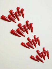 24 piezas de uñas postizas elegantes de color rojo en forma de ataúd largo + 1 pieza de pegamento de gelatina + 1 pieza de lima de uñas. Suministros para uñas adheribles. - Rojo - Ver 4