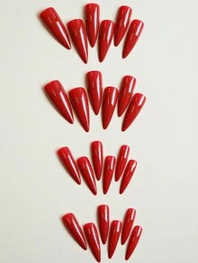 24 piezas de uñas postizas elegantes de color rojo en forma de ataúd largo + 1 pieza de pegamento de gelatina + 1 pieza de lima de uñas. Suministros para uñas adheribles. - Rojo - Ver 3