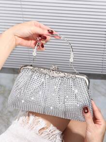 閃閃發光的閃粉折疊式手拿斜挎包，帶有褶皺細節和高端金屬扣，適合婚禮、派對、晚會和生日禮物 - 銀色 - 查看 3