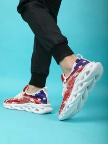 Zapatillas de plataforma con cordones gráficos y estilo de bandera para hombres, cómodas, ligeras, transpirables, con absorción de impactos y resistencia al desgaste, adecuadas para fitness en interiores y deportes al aire libre - Rojo - Ver 5