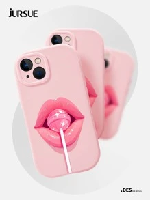 JURSUE Funda de teléfono suave y a prueba de golpes con diseño estético y lindo de labios rosas mordiendo una paleta, compatible con iPhone 17 Air 16 15 14 13 12 11 Pro Max SE 2020 X XR XS 8 7 Plus Z1221, regalo de primavera para fiestas de cumpleaños - Rosa - Ver 4