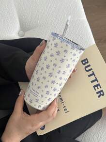 1pc 20oz/600ml Purple Floral Pattern Double-Layer Stainless Steel Vacuum Insulated Cup, Coffee Cup, Water Cup, Travel Mug, Camping Coffee Cup, Highly Attractive Festival & Birthday Gift, Made Of 304 Stainless Steel (Without Straw) Back To School - 20oz/600ml - View 7