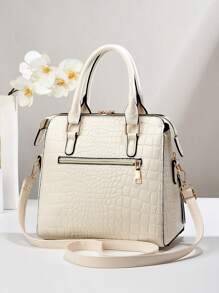 Elegant And Fashionable 2 Pieces Faux Leather Bag Set: Durable Crocodile Patterned Women's Crossbody Bag And Clutch, Magnetic Closure, Stylish Fringe Decoration, White