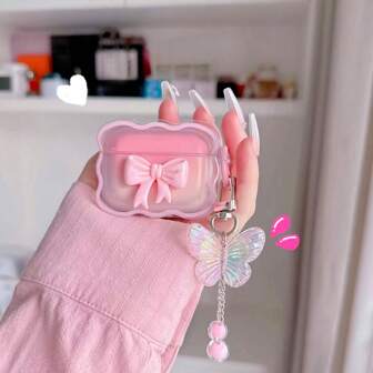 Funda para auriculares con lazo 3D rosa y cadena con mariposa colgante, compatible con Apple 1/2, Pro, 3, Pro 2, 4