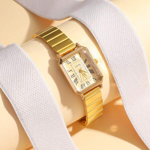 1pc Ladies' Fashion Square Roman Dial Bamboo Strap Quartz Watch, Suitable For Daily Wear, Birthday, Anniversary, Halloween Gift