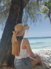 1 peça Chapéu de Sol Feminino de Cor Aleatória, com Aba Ondulada e Fita, Perfeito para Praia, Viagem ou Férias Estilo Bohemio