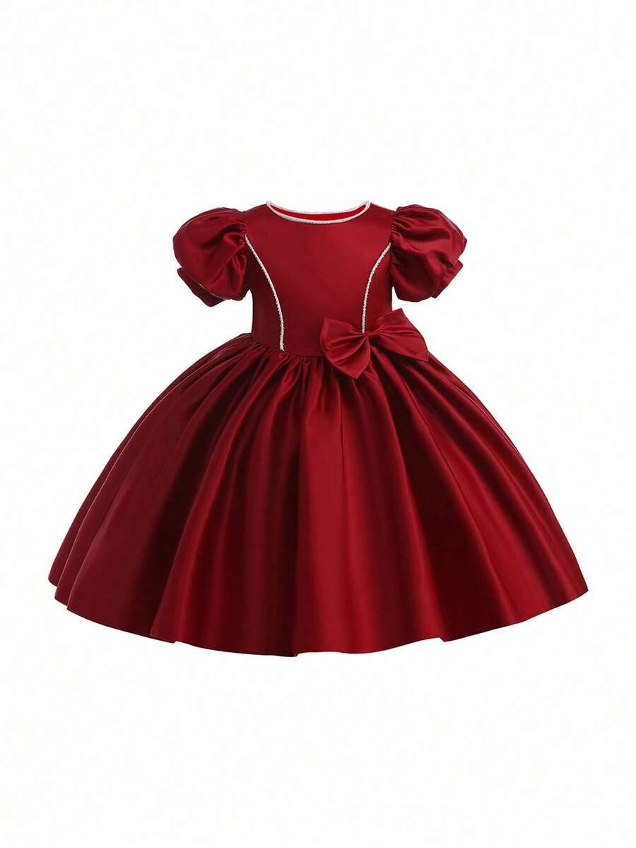 Váy satin nơ tay bồng màu trơn cho bé gái, không bao gồm băng đô và túi - Màu Đỏ Sâu - Xem 1