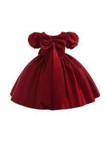 Váy satin nơ tay bồng màu trơn cho bé gái, không bao gồm băng đô và túi - Màu Đỏ Sâu - Xem 2