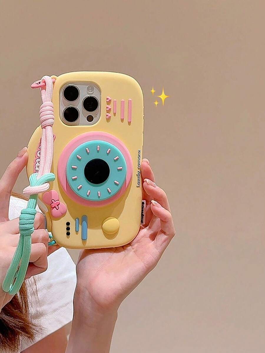 Cute Silicone Camera Shape With Phone Charm 3D Cartoon Camera Shape Phone Strap Holder Compatible With IPhone 14/ Compatible With IPhone 15 Pro Max/New 13 Pro/12/14 Pro Silicon Protective Case, Cute Design For Women Waterproof Shockproof Anti-Fall Scratch Resistant Spring Birthday Gift - Yellow - View 1