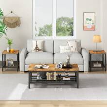 Coffee Table Set Of 3, Industrial Coffee Table With 2 Square End Side Tables, Living Room Table Set With Metal Frame For Apartment Home Office - Rust Brown - View 3