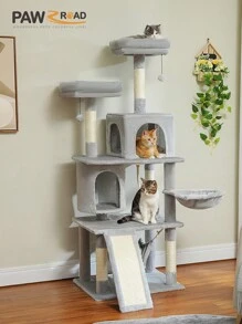 PAWZ Road 63.4'' Large Cat Tree, Multi-Level Cat Tower With 2 Luxury Cat Houses, 2 Cozy Viewing Platforms And Hammock In Gray - 灰色 - 查看 2