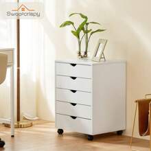 Sweetcrispy 5 Drawer Chest, Wood Storage Dresser File Cabinet Organizer With Wheels Under Desk For Bedroom Home Office - White - View 2