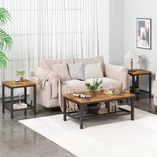 Coffee Table Set Of 3, Industrial Coffee Table With 2 Square End Side Tables, Living Room Table Set With Metal Frame For Apartment Home Office - Rust Brown - View 2